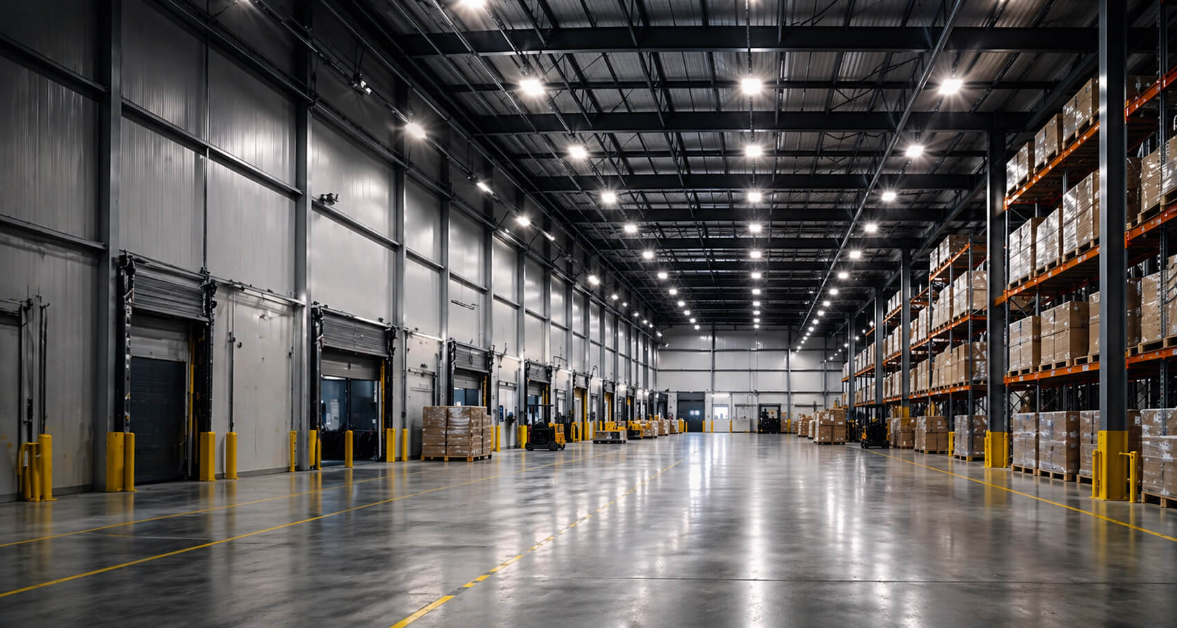 Large industrial warehouse with bright LED lighting, high ceilings, pallet storage, and open floor space designed for commercial operations and energy efficient lighting upgrades.