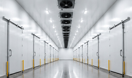 Temperature-controlled cold storage facility with refrigerated corridors and industrial lighting representing cold storage environments served by Empire Airflow.