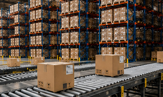Fulfillment center with conveyor systems, warehouse storage racks, and packaged inventory representing facilities served by Empire Airflow.