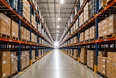 Modern warehouse with high pallet racking, wide storage aisles, and industrial lighting representing warehouse facilities served by Empire Airflow.